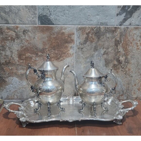 Vintage Birmingham Silver Co Silver Plate Large Serving Platter Coffee Teapots - Picture 1 of 17